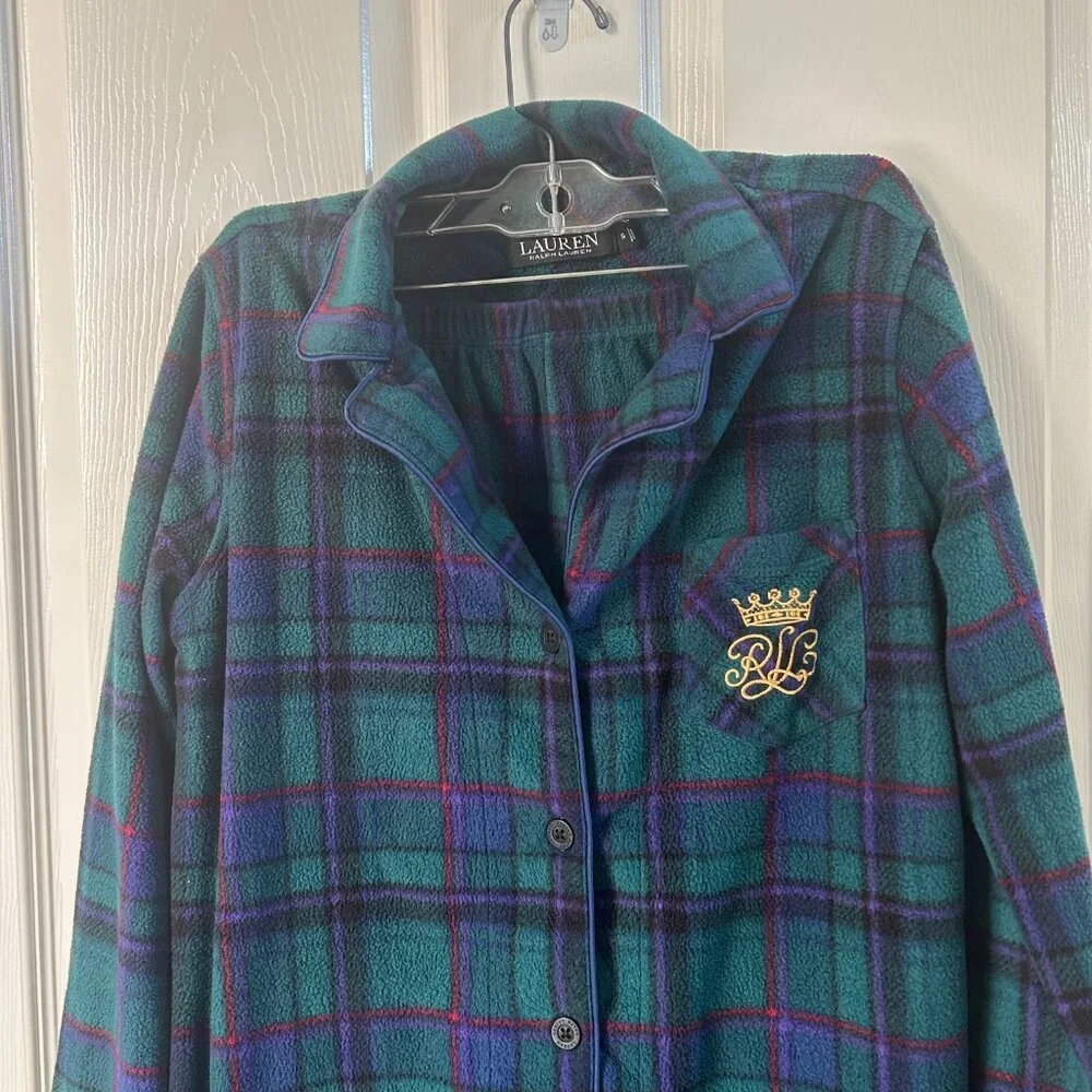 Lauren Ralph Lauren Green Plaid Flannel Pajama Set Embroidered Crest S Lounge